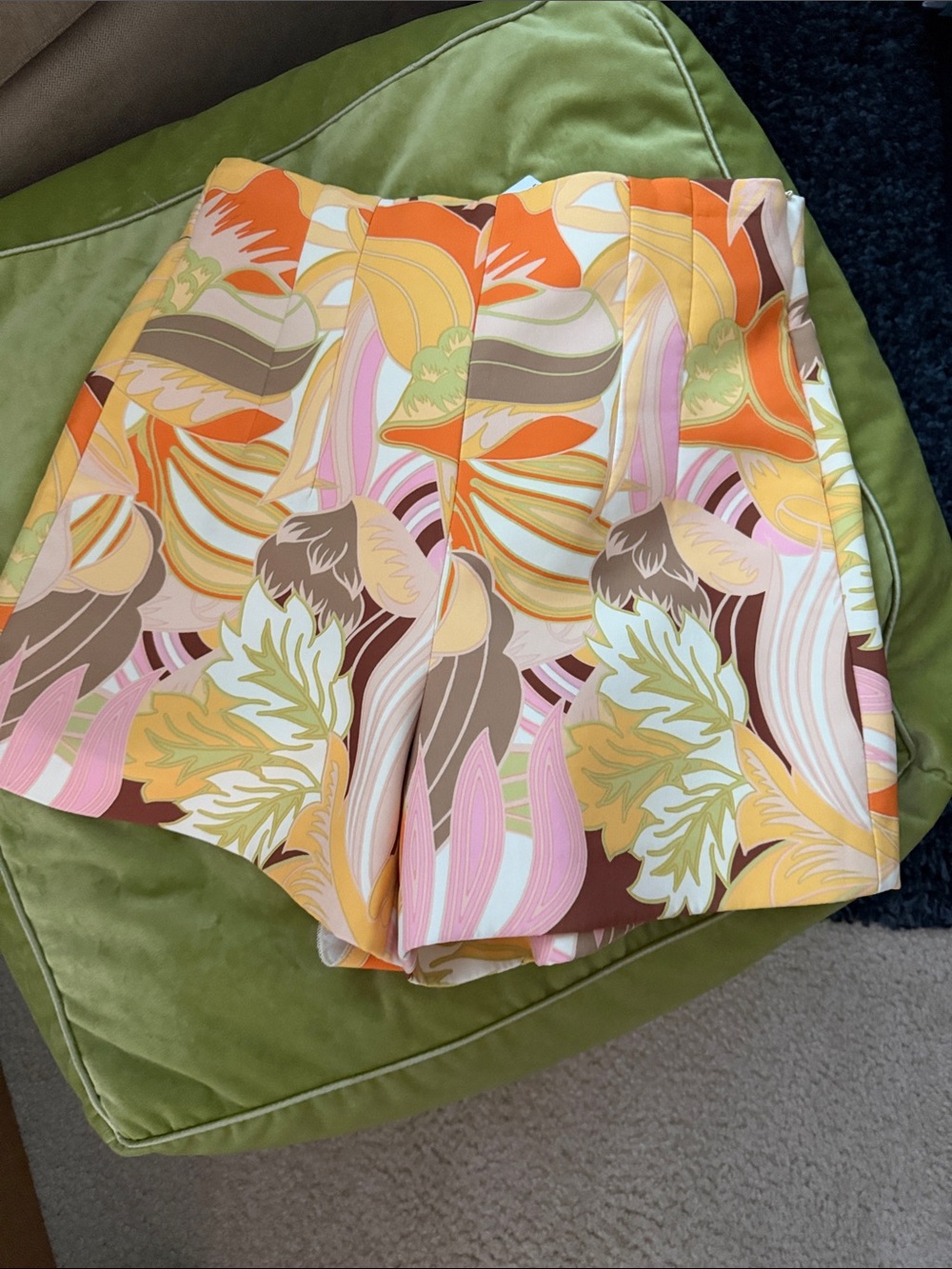 Zara High-Waist Printed Shorts — Orange, Pink, Yellow, Brown, Cream
